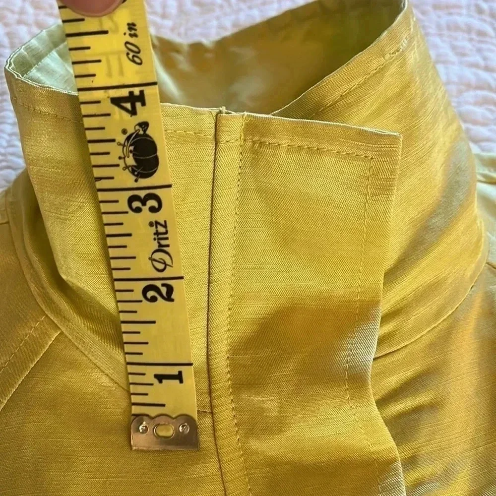 Linen‎ Blend Jacket Women’s Med P Yellow Front Zip Pockets Collar Modern Artsy